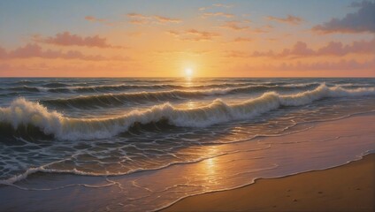 Fototapeta premium As dawn breaks, the rhythmic dance of sea waves whispers secrets to the sandy shore, painting fleeting patterns in the morning light ai_generated