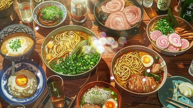 ramen dishes on the table. Virtual 4K video animation background with looping time lapse with very smooth graphics.