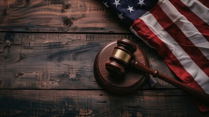 Wooden gavel on table, American flag background, text space on right, theme of swift justice