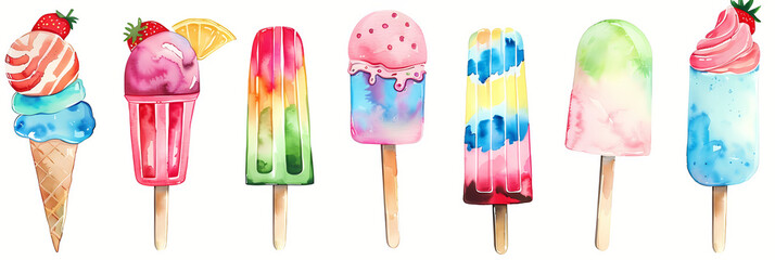 Colorful watercolor ice creams and popsicles clipart

