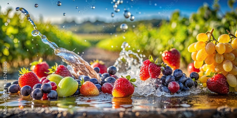 Wall mural close up shot of fresh fruits splashing in water with a vineyard background - Wall murals