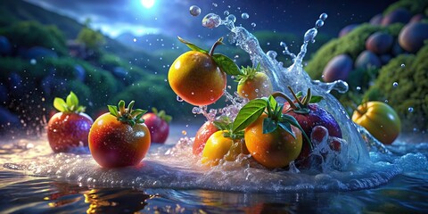 Fresh fruit splashing in river water with close up views