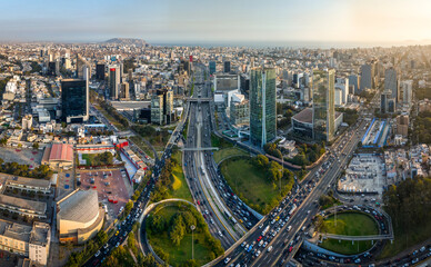 Aerial view of the intersection of Javier Prado Avenue and Via Expresa in San Isidro, Lima, Peru....