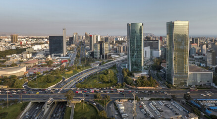 Aerial view of the intersection of Javier Prado Avenue and Via Expresa in San Isidro, Lima, Peru....