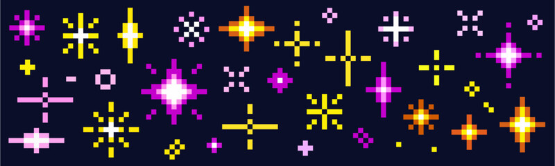 pixel art of Star icons. Twinkling stars. Sparkles, shining burst. Bengal fire. Burning shiny sparkler firework. retro game 8 bit 16 bit