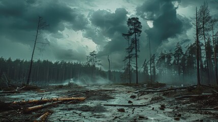 Withered forest, fallen trees, cracked ground, looming storm clouds, eerie and unsettling vibe