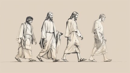Leadership and Instruction: Jesus Walking with Disciples, Biblical Illustration Highlighting His Guidance