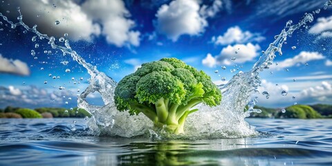 Fresh green vegetable being splashed with water against a cloud background
