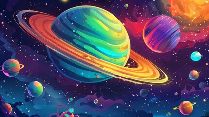 Whimsical planet with multi-colored rings, adorable space robots, cosmic playground, fun and engaging background