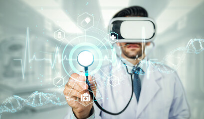 Smart doctor holding stethoscope while using visual reality goggle to analysis and diagnosis...