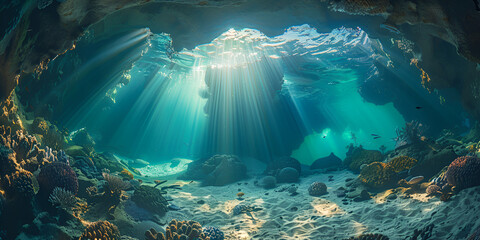 
Cave and water blurred background. The ocean floor is covered in water and the sun is shining through the water.
