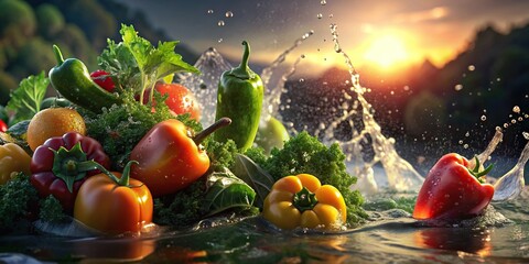 Close up of fresh vegetable splashing in water with a river background - Powered by Adobe