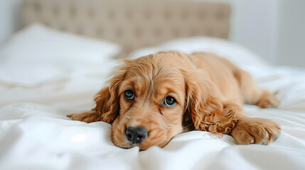 Cute playful doggy or pet Cocker Spaniel puppy dog on white bed. Funny moments of a dog