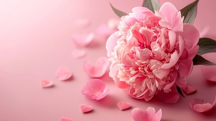 Obraz premium Pink peony adorned with charming hearts set against a soft pink backdrop 