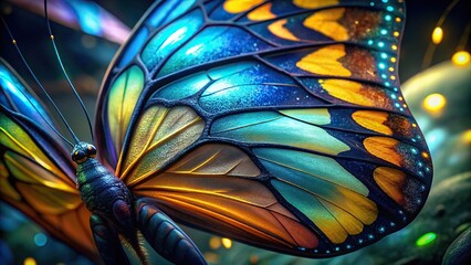 Close up macro shot of a colorful butterfly wing in a zoology exhibit with copy space