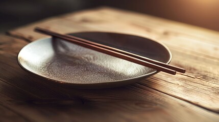 Plate and chopsticks made of ceramic on a wooden table with a brown hue