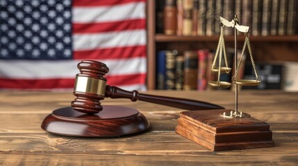 Table with gavel, American flag behind, text-friendly space, swift justice concept