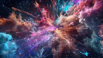 Obraz premium Stunning fireworks display, multicolored explosions, Happy New Year banner, eye-catching design, festive celebration, sparkling details