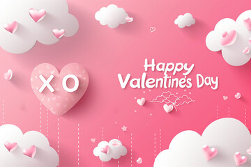 texte en anglais "Happy Valentine's day" et "XO" bisous pour la Saint Valentin la fête des amoureux. Texte blanc sur fond rose avec des nuages et des cœurs roses et blancs en papier déchiré