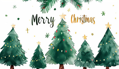 texte en anglais "Merry Christmas", bon Noël en noir et or, avec des branches de pin et des boules de gui, et des sapins de noël décorés de guirlandes lumineuses en aquarelle sur fond blanc 