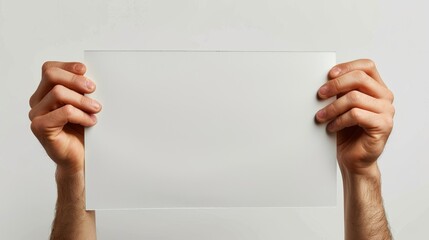 Selective focus on hands gripping paper sheet, isolated white background, studio lighting, detailed skin texture, simplicity in design