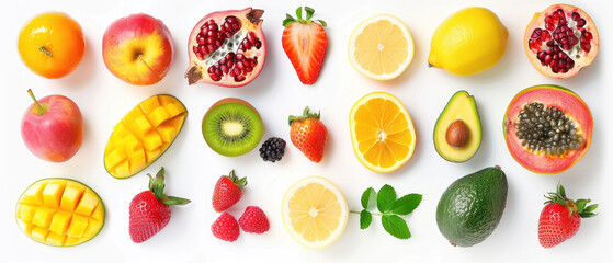 An array of colorful fresh fruits arranged neatly on a white background. Generate AI