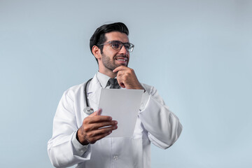 Caucasian skilled doctor hands holding application form while thinking about medical data diagnosis. Professional doctor wearing stethoscope and lab coat while standing and looking form. Deviation.