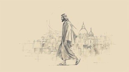 Eternal Presence: Jesus Walking in Modern City, Biblical Illustration Highlighting Love and Peace