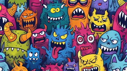 Angry Cute Monster Doodles in Bright Colors