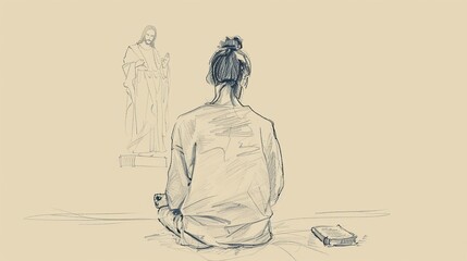 Reflection in Scripture: Person Meditating with Jesus's Image, Biblical Illustration of Contemplation