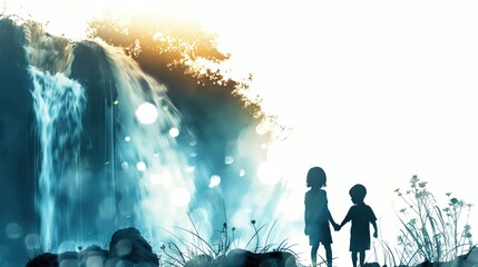 Children playing near a waterfall, isolated on a white background and lively colors Double exposure silhouette with waterfall and nature