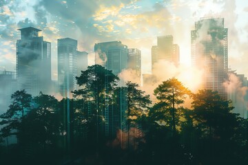 Forest landscape merging with a cityscape and balanced hues Double exposure silhouette with trees and skyscrapers