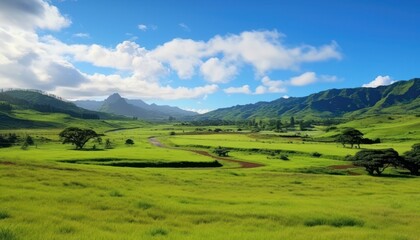 Obraz premium A stunning spring day landscaping views of fertile land surrounded beautiful green vegetation, wide stretches of hills and mountains with clear skies in spring