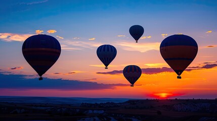 Naklejka premium sky at sunset with hot air balloons. Travel on vacation