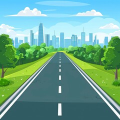 Cartoon highway. Empty road with city skyline on horizon and nature landscape, highway view