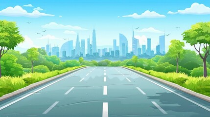 Fototapeta premium Cartoon highway. Empty road with city skyline on horizon and nature landscape, highway view