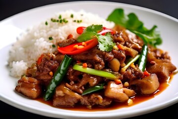 Fototapeta premium Stir-fried minced pork with onion, pepper and steamed rice (Thai food)