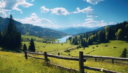Fototapeta premium A stunning spring day landscaping views of fertile land surrounded beautiful green vegetation, wide stretches of hills and mountains with clear skies in spring