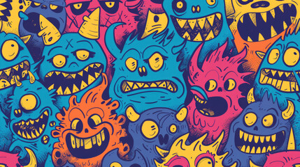 Naklejka premium Angry Cute Monster Doodles in Bright Colors