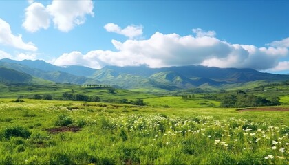 Fototapeta premium A stunning spring day landscaping views of fertile land surrounded beautiful green vegetation, wide stretches of hills and mountains with clear skies in spring