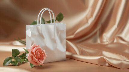 A white gift bag placed on a luxurious silk fabric background, accompanied by a delicate pink rose, exuding elegance and sophistication.