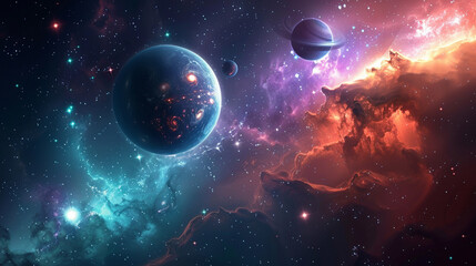 A vibrant cosmic scene featuring distant planets, colorful nebulae, and countless stars, illustrating the beauty of the universe.