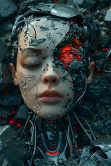 Broken Cyborg Girl in Dystopian Landfill:A Haunting Scene of Damage and Decay