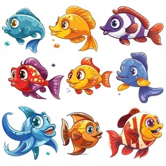 Cartoon fishes set, isolated design elements 