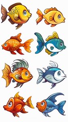 Cartoon fishes set, isolated design elements 