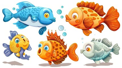Fototapeta premium Cartoon fishes set, isolated design elements 