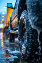 Washing a truck outside up close at a car wash using detergents 