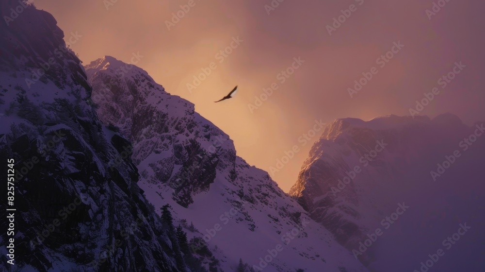 Poster a lone bird soars through the alpenglow its feathers catching the last rays of the setting sun.