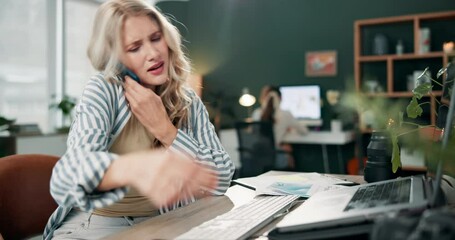 Business woman, stress and phone call at desk for conversation, confirm schedule or frustrated. Anxiety, communication or secretary with mobile for pressure, discussion or planning meeting in office