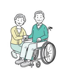 車椅子の高齢男性と介助をする高齢女性の夫婦のイラスト